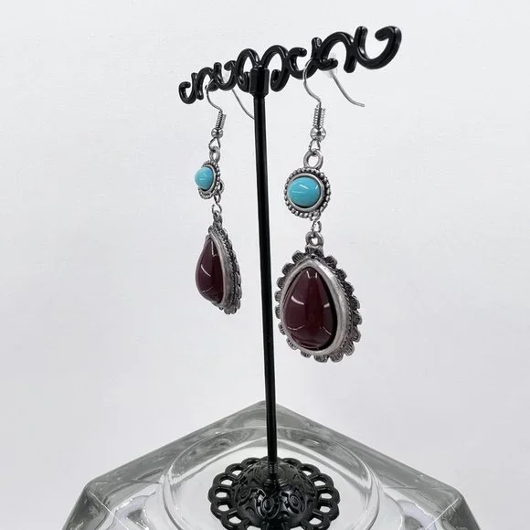 New / Hand Crafted - Southwestern Vibes Turquoise & Dark Red Dangle Earrings - Picture 3 of 6